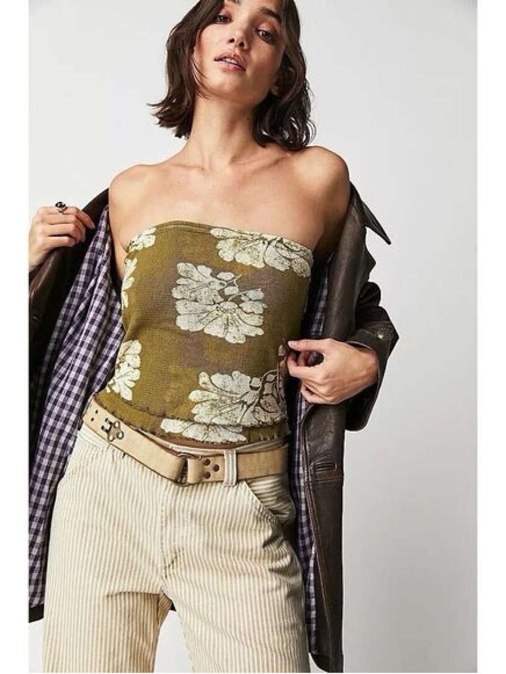 Free People Olive Green Floral Strapless Tube Top